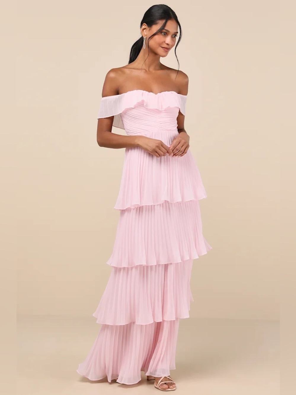 NEW Lulu’s Always Remarkable Pleated Tiered Off Shoulder Maxi Dress in Pink